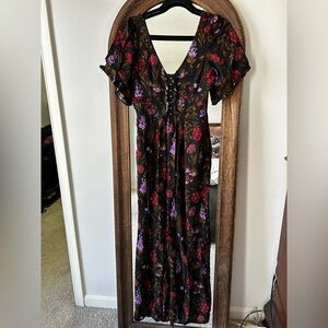 American Eagle Outfitters Black Floral Jumpsuit with Red & Purple Blooms